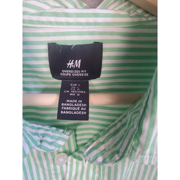 H&M Size Large Green & White Stripe Button Up Shirt - Picture 3 of 6